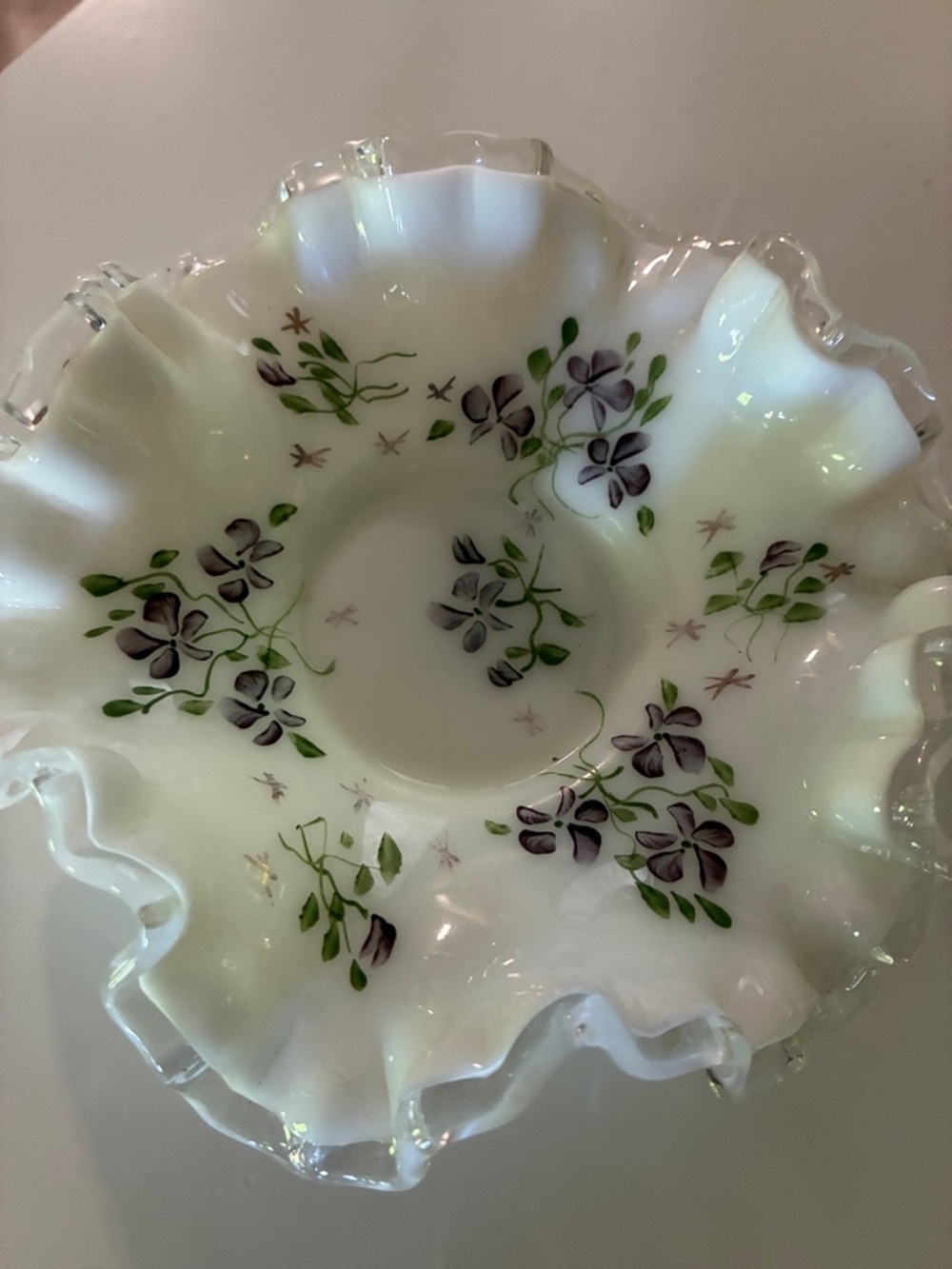 Fenton White Ruffled Glass Bowl with Purple Floral Motif